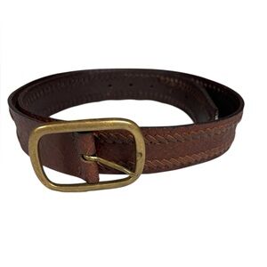 Geoffrey Beene Brown Leather Belt Woven Detail Brass Buckle Size Medium Boho